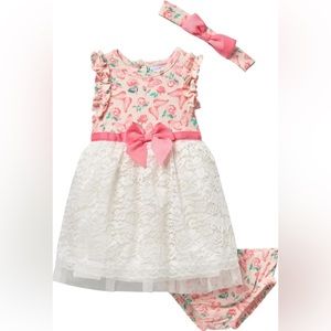 NICOLE MILLER NEW YORK Floral Lace Dress, Bloomer & Headband Set Baby